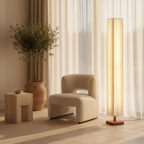 Floor Lamp with Pleated Fabric Shade and Wood Base