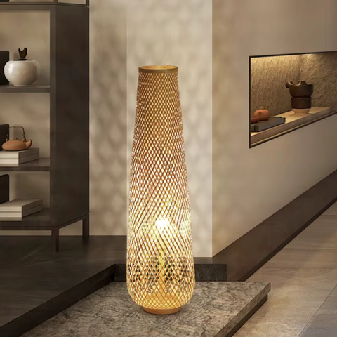 Floor Lamp with Woven Bamboo Column and Plug-In Light