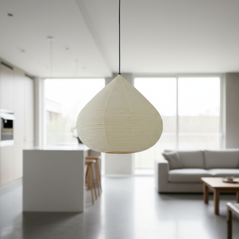 Pendant Light with Ribbed Paper Shade and Adjustable Suspension