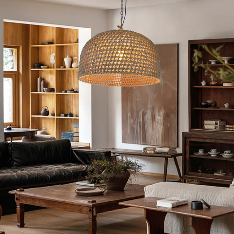 Pendant Light with Handwoven Rattan and Japandi Dome Shade