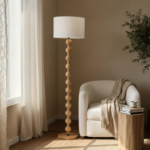 Floor Lamp with Stacked Wood Spheres and Fabric Drum Shade