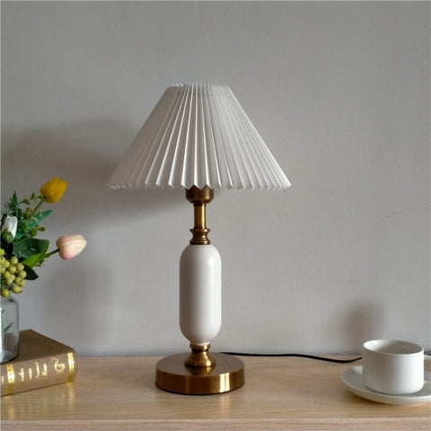 French Pleated Table Lamp with Sculptural Metal Base for Bedrooms
