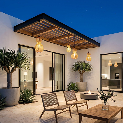 Outdoor Pendant Light with Woven Synthetic Vine Shade
