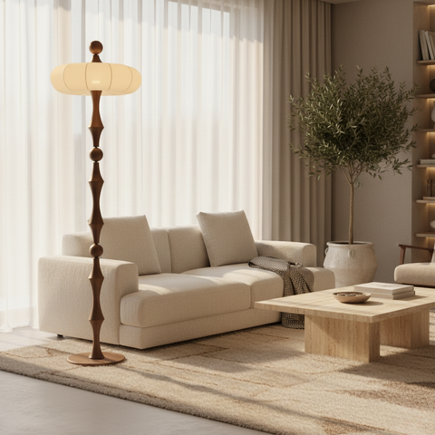Floor Lamp with Sculpted Wood Stem and Tiered Fabric Shade