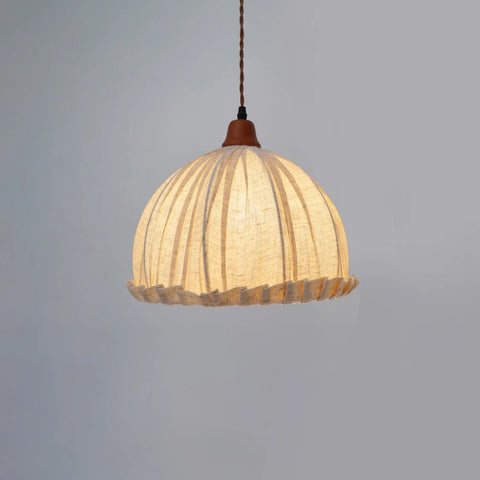 Pendant Light with Pleated Linen Dome Shade and Wood Cap