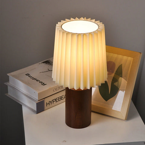 Pleated Fabric Table Lamp with Wood Base and Cylinder Shade