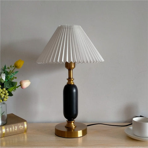 French Pleated Table Lamp with Sculptural Metal Base for Bedrooms