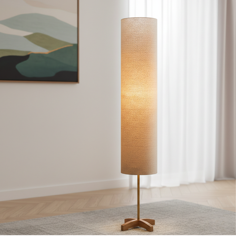 Floor Lamp with Tall Fabric Shade and Crossed Wood Base