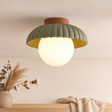 Ribbed Glass and Iron Flush-Mount Ceiling Light for Indoor Use