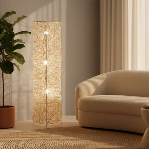 Floor Lamp with Woven Column Shade and Three Light Sources