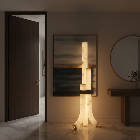 Floor Lamp with Veined Stone Shades and Curved Column Design