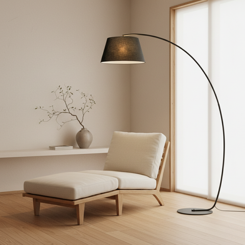 Arc Floor Lamp with Fabric Shade and Curved Metal Stem