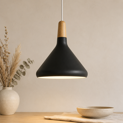 Wood-Accent Aluminum Pendant Light with Three Sizes for Indoor Use