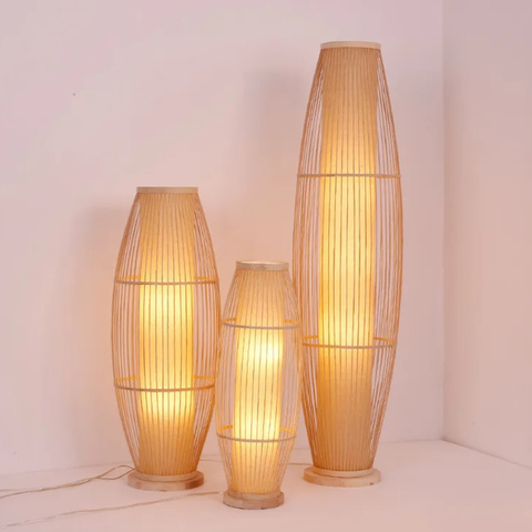 Table and Floor Lamp with Bamboo Slat Shade and Warm LED Light