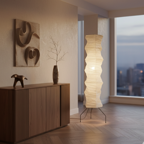 Floor Lamp with Sculptural Paper Shade and Warm LED Light