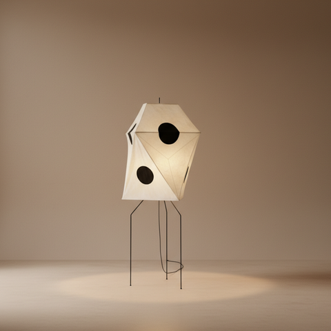 Floor Lamp with Faceted Paper Lantern and Circular Motifs
