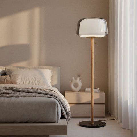 Floor Lamp with Layered Glass Dome and Wood Column Details