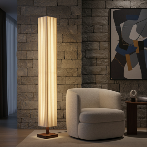 Floor Lamp with Pleated Fabric Shade and Wood Base