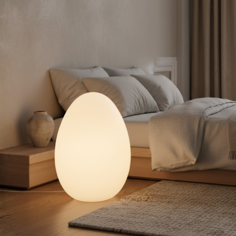 Floor Lamp with Sculptural Egg Shape and Three LED Light Colors