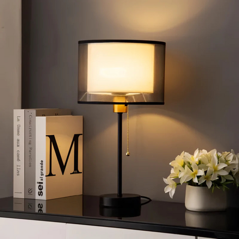 Vintage Table Lamp with Double Fabric Shade for Warm Ambient Indoor Lighting
