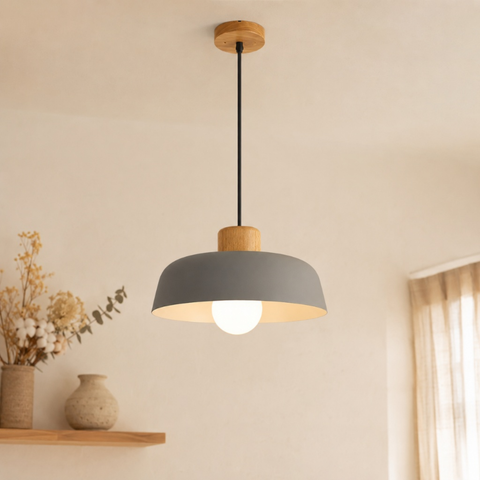 Iron Pendant Light with Wood Accent and Selectable Light Modes