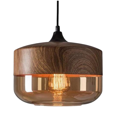 Scandinavian Glass Pendant Light with Adjustable Cord and Wood Look Finish
