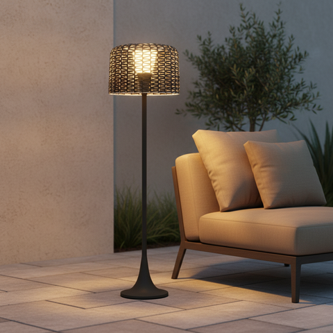 Floor Lamp with Woven Rattan Shade and Solar Outdoor Lighting