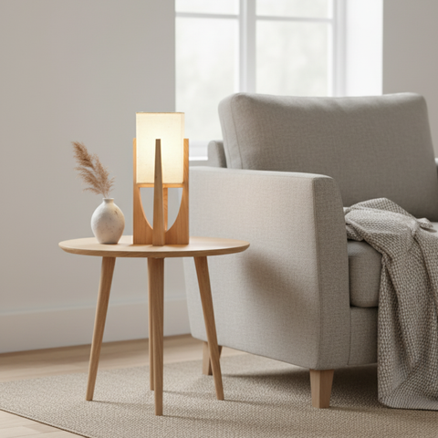 Table and Floor Lamp with Fabric Shade and Cutout Wood Base