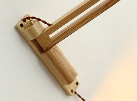 Retractable Wood Wall Sconce with Ribbed Glass Shade for Reading