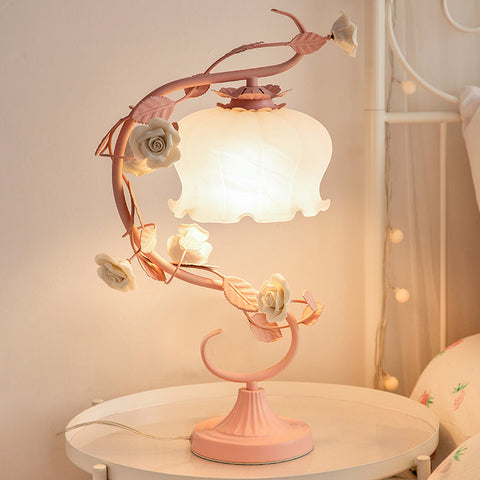 Floral Rose Table Lamp with Glass Shade and Decorative Vine Design