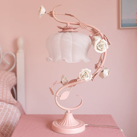 Shabby Chic Floral Glass Table Lamp with Decorative Curved Stem for Bedroom and Living Room Lighting