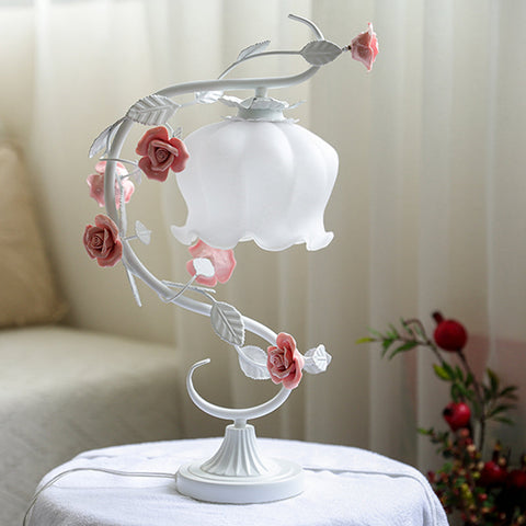 Shabby Chic Floral Glass Table Lamp with Decorative Curved Stem for Bedroom and Living Room Lighting