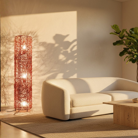 Floor Lamp with Woven Column Shade and Three Light Sources