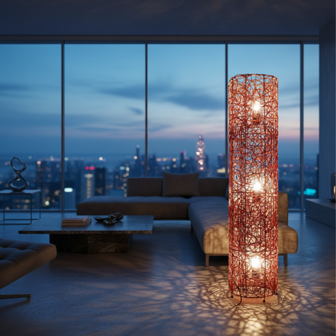 Floor Lamp with Woven Column Shade and Three Light Sources