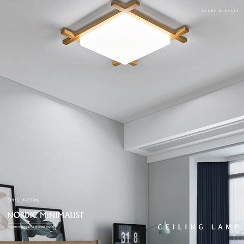 Square Wood LED Ceiling Light with Japanese Tatami Design