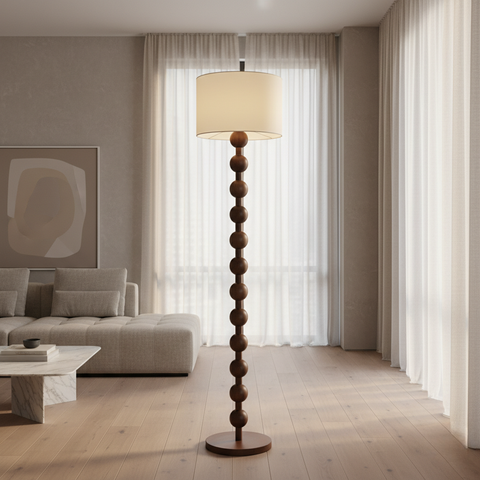 Floor Lamp with Stacked Wood Spheres and Fabric Drum Shade