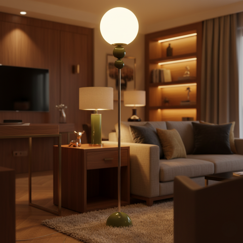 Floor Lamp with Globe Diffuser and Stacked Sphere Details