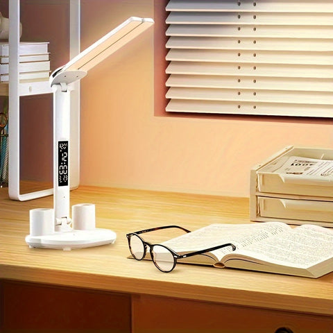 Adjustable Dual-Head LED Desk Lamp with Clock and USB Power