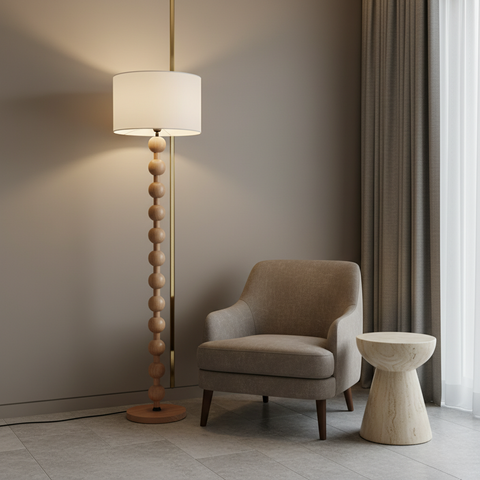 Floor Lamp with Stacked Wood Spheres and Fabric Drum Shade