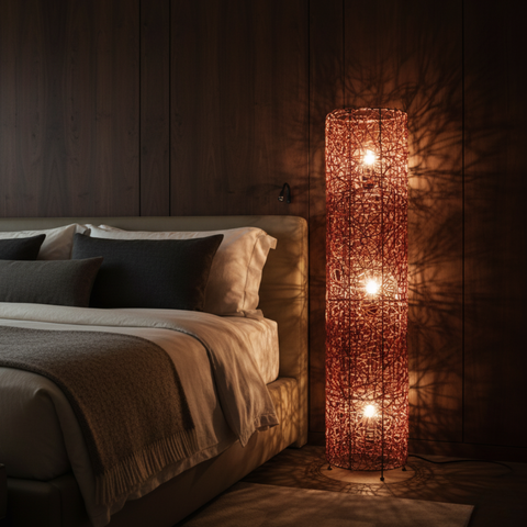 Floor Lamp with Woven Column Shade and Three Light Sources