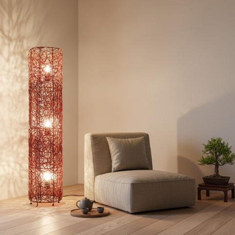 Floor Lamp with Woven Column Shade and Three Light Sources