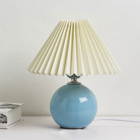 Ceramic Table Lamp with Pleated Fabric Shade for Bedside Use