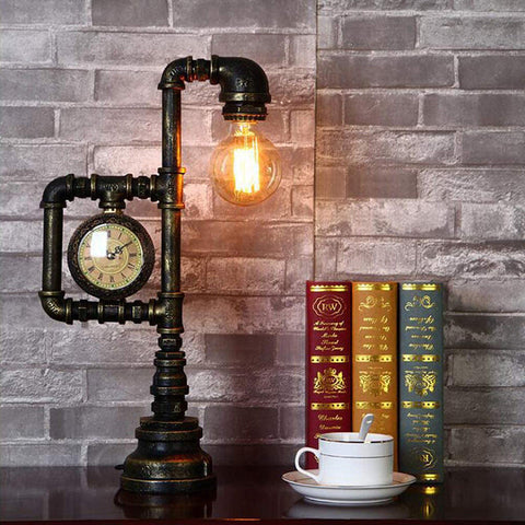 Industrial Pipe Table Lamp with Integrated Clock