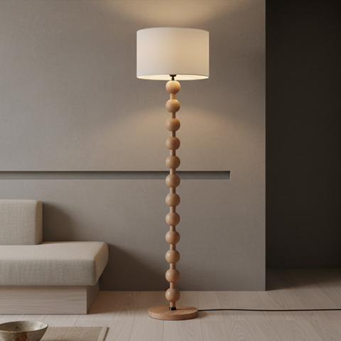 Floor Lamp with Stacked Wood Spheres and Fabric Drum Shade