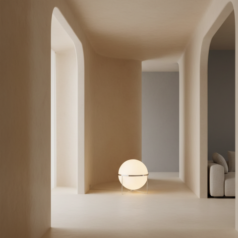 Floor Lamp with Globe Shade and Open Metal Frame
