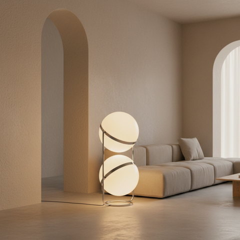 Floor Lamp with Globe Shade and Open Metal Frame