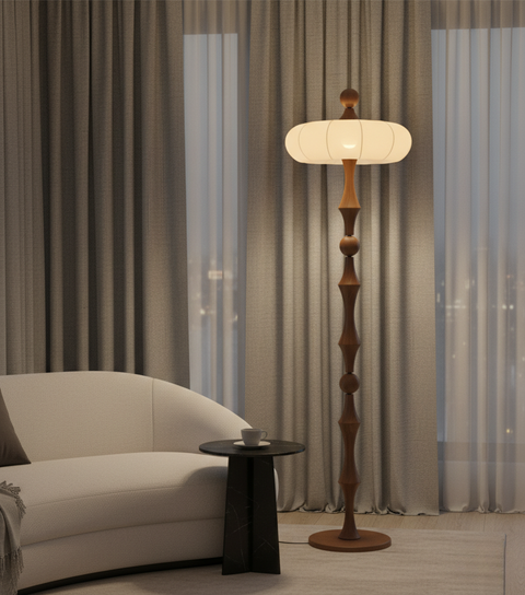 Floor Lamp with Sculpted Wood Stem and Tiered Fabric Shade