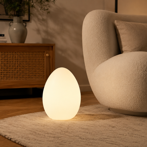 Floor Lamp with Sculptural Egg Shape and Three LED Light Colors