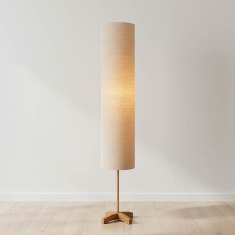 Floor Lamp with Tall Fabric Shade and Crossed Wood Base