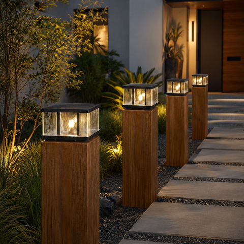 Pillar Light with Textured Glass Panels and Square Metal Frame